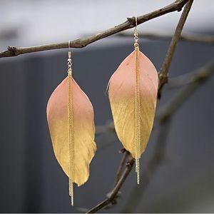 Pink and Gold Long Feather Earring
